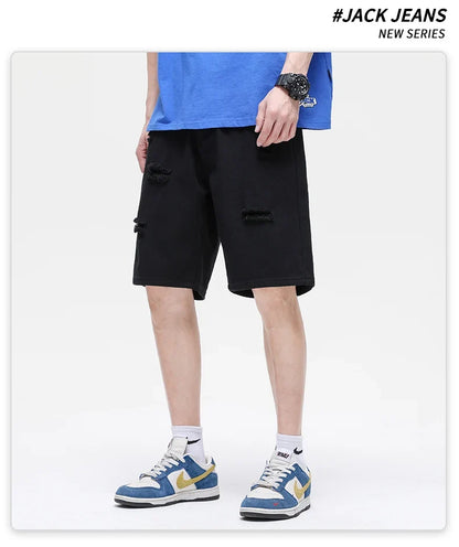 Summer New White Casual Men's Denim Shorts Ripped Fashion Loose Straight Street Bermuda Jeans Male Hole Short Pants