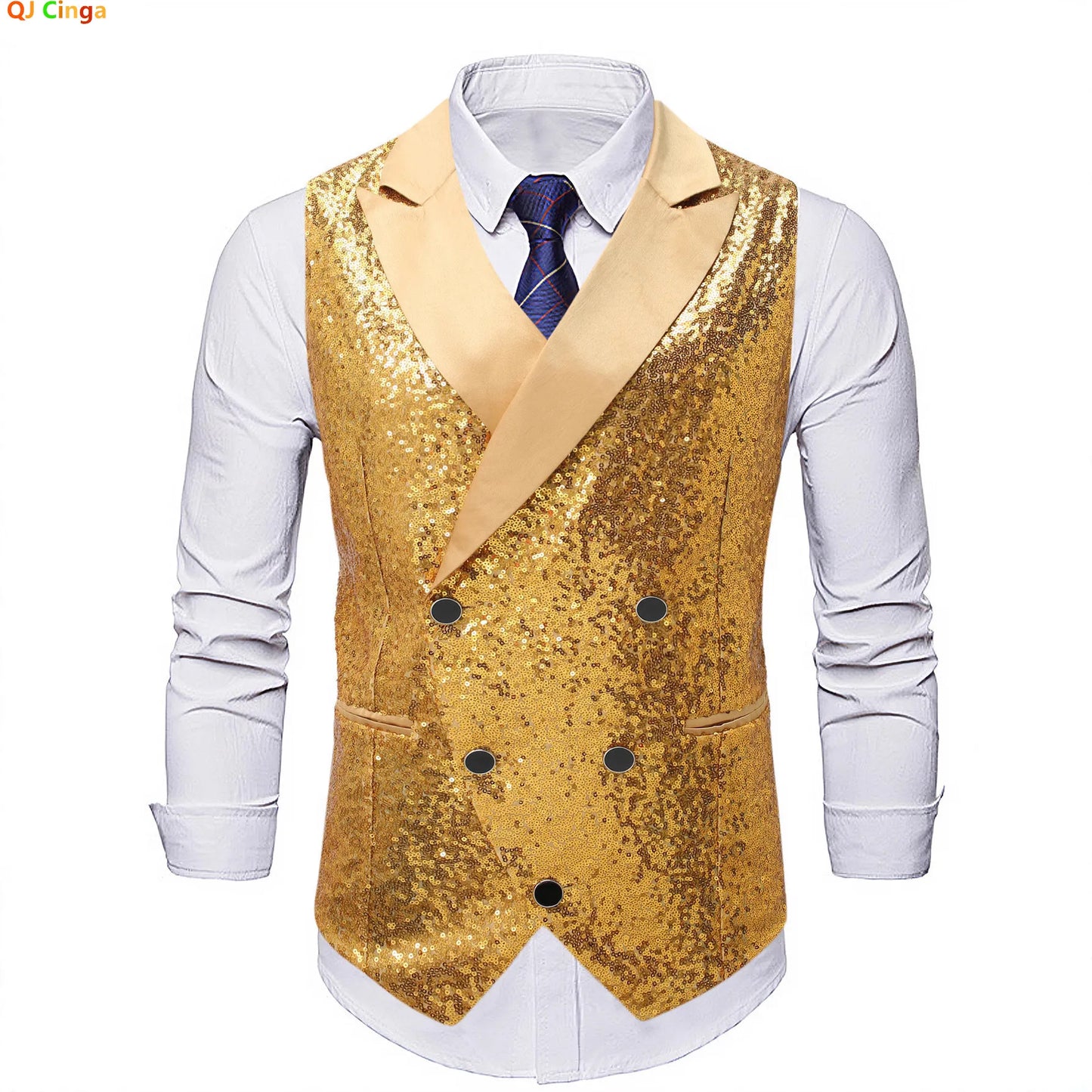 Men's Gold Sleeveless Blazer, Round Sequin-embellished Blazer Jacket, Perfect for Weddings, Parties, DJ Events, and Nightclubs.