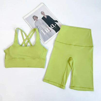 2 Pieces Yoga Shorts Gym Sports Sets Women Fitness Suits Cross Back Bra Top High Waist Shorts Running Workout Clothes Tracksuit