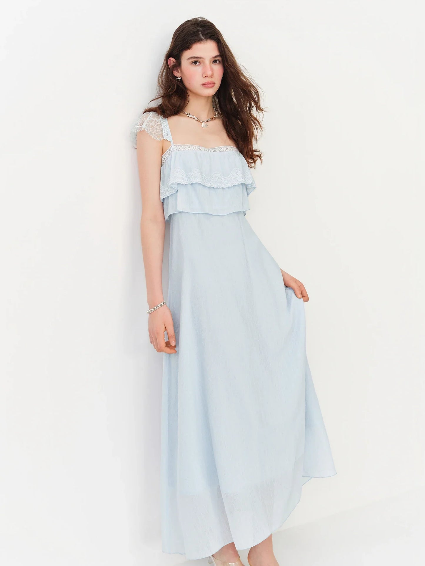 2026 Summer Women's Cap Sleeve Ruffle Hem Slip Dress, Slim Fit Flowy Maxi Dress for Y2K Coquette & Romantic Vacation Style