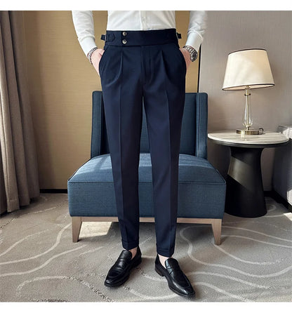 Pure Color Male Business Wedding Dress Pants Fashion Unique Design Men Waist Adjustable Suit Pant No Belt Slim Trousers Homme