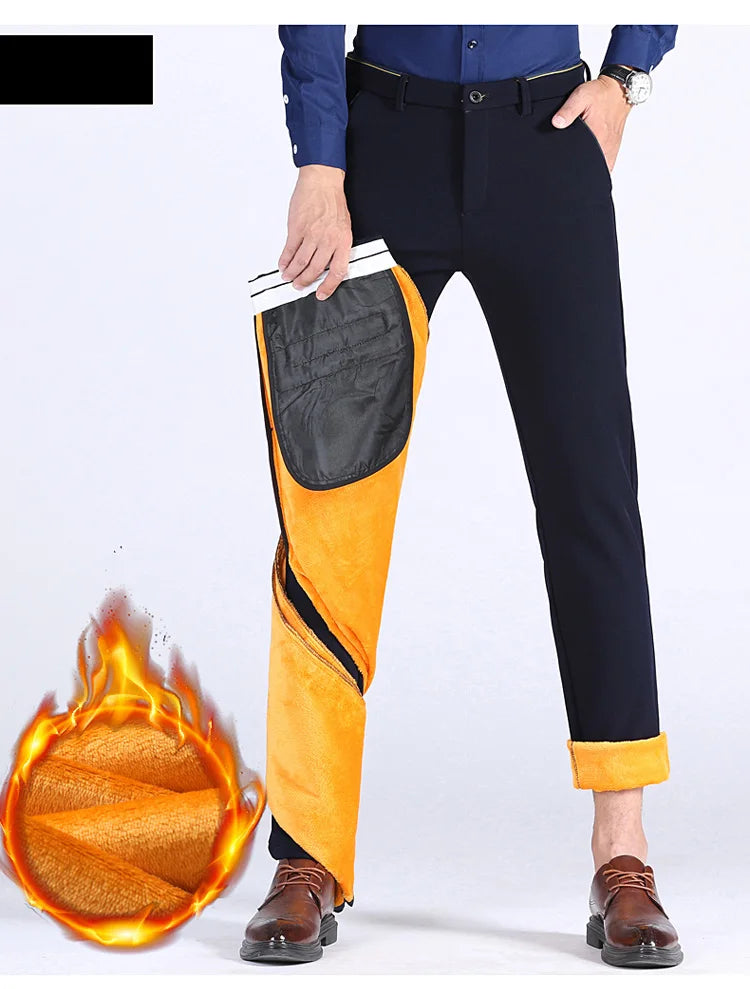 2025 Winter New Thickened Straight Slim Warm Business Casual Office Male Velvet Trousers Classic Men's Fleece Casual Pants
