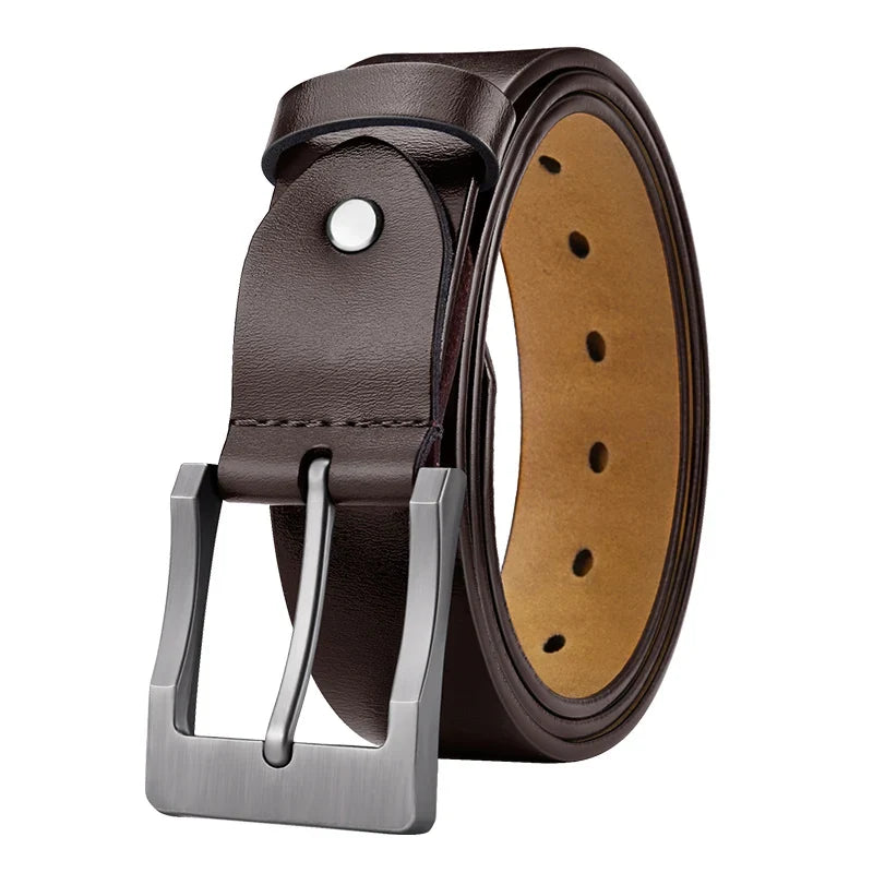 Men's Genuine Leather Belt - High-Quality Cowhide Leather Pin Buckle Belt with Alloy Clasp, Premium Men's Cowboy Belt
