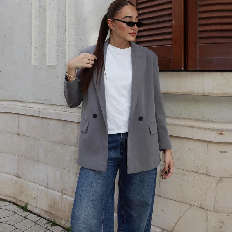 Women's Blazer Jacket Office Wear Woman Black Jacket Business Casual Loose Long Blazer Coat Double-Breasted Gray Jacket