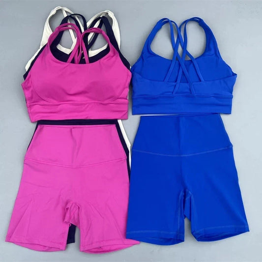 Solid Color soft gym Yoga Set short Legging +cross sport bra Tracksuit  Women Gym Suit Comprehensive Training Jogging Athletic