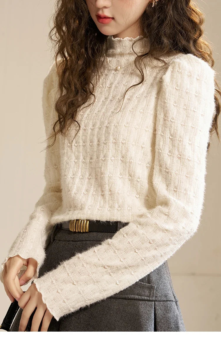 Lace Bottoming Shirt Women Autumn Winter Mock Neck Long Sleeve Knitted Pullover French Warm Inner Top Female MXC58Z0481