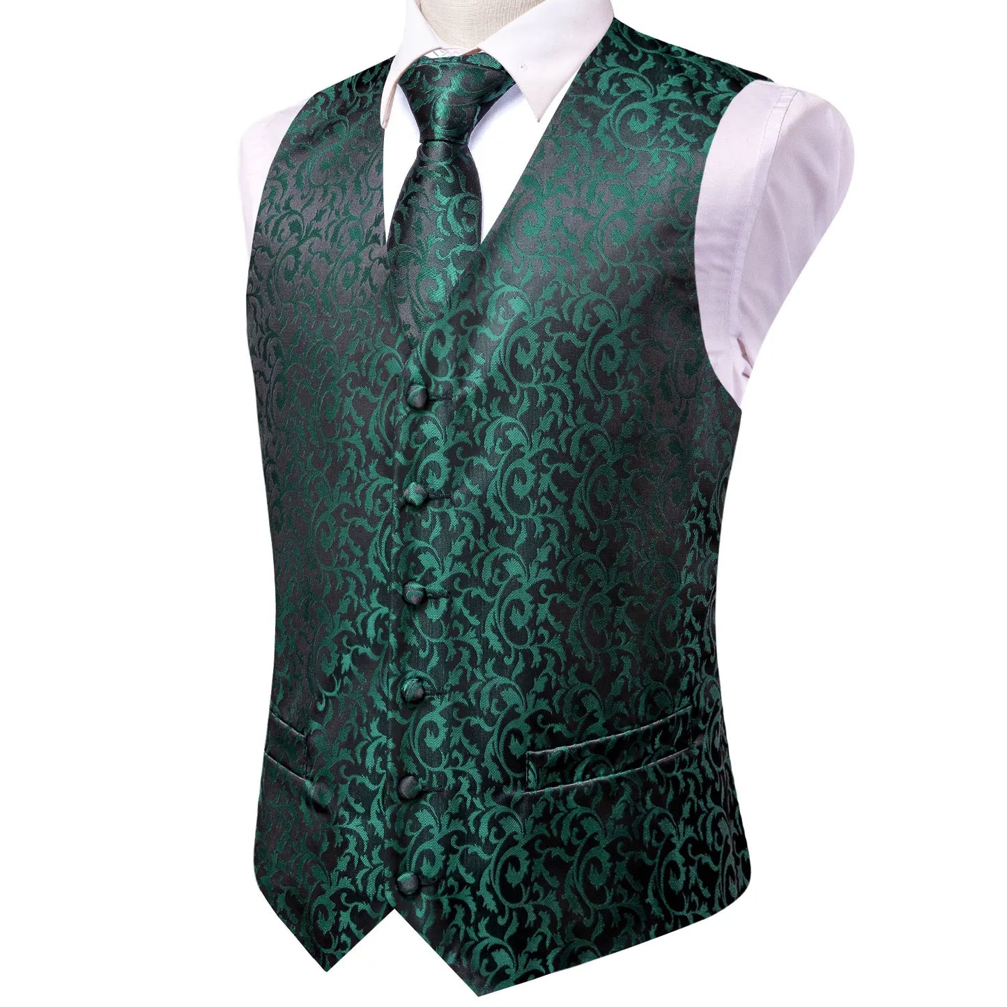Men's Silk Vests Fashion Dark Green Floral Jacquard Handkerchief Cufflinks Necktie Sleeveless Wistcoat Sets Wedding Party