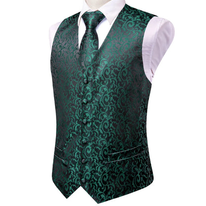 Men's Silk Vests Fashion Dark Green Floral Jacquard Handkerchief Cufflinks Necktie Sleeveless Wistcoat Sets Wedding Party