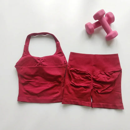 Sexy Halter Neck Beautiful Back High Waist Peach Sports Bras Shorts Suit Pilates Gathering Yoga Vest Training Fitness Bra Sets