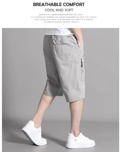 Men Cropped Cargo Shorts Men's Casual Sports Pants Zipper Pocket Summer Cotton Shorts Running Jogger Shorts Elastic Waist