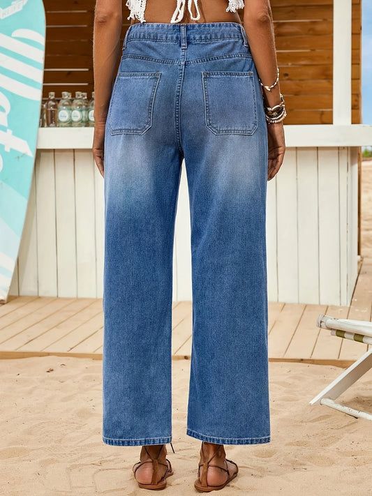 Women's Casual Loose Stretch Denim Pants Front Button Comfortable Washed Nine-Inch Long Trousers