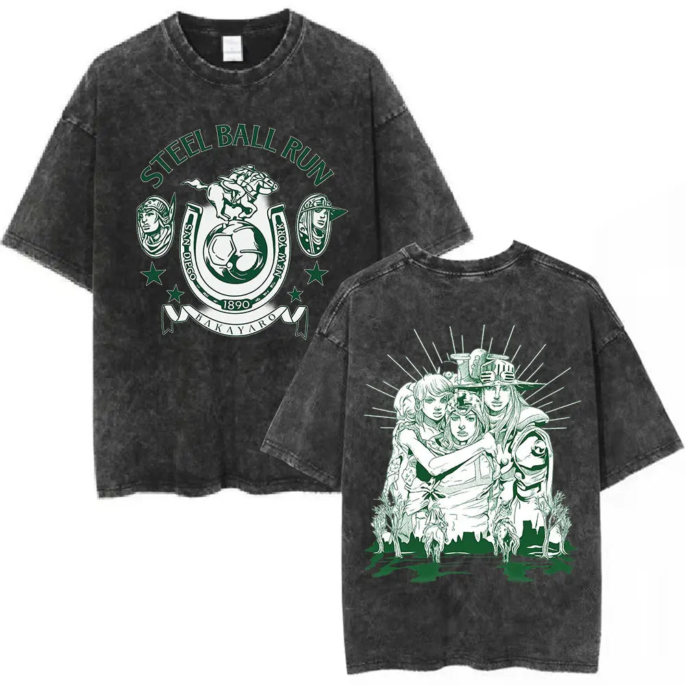 Anime Jojo Bizarre Adventure Washed T-shirt STEEL BALL RUN Diego Brando Manga T-shirts Men Women Cotton Casual Oversized T shirt