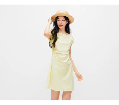 Women Dress One Shoulder Oblique Neck Waist Pleated Solid Cool Feeling Mini 2026 Summer Minimalist Temperament Fashion Top