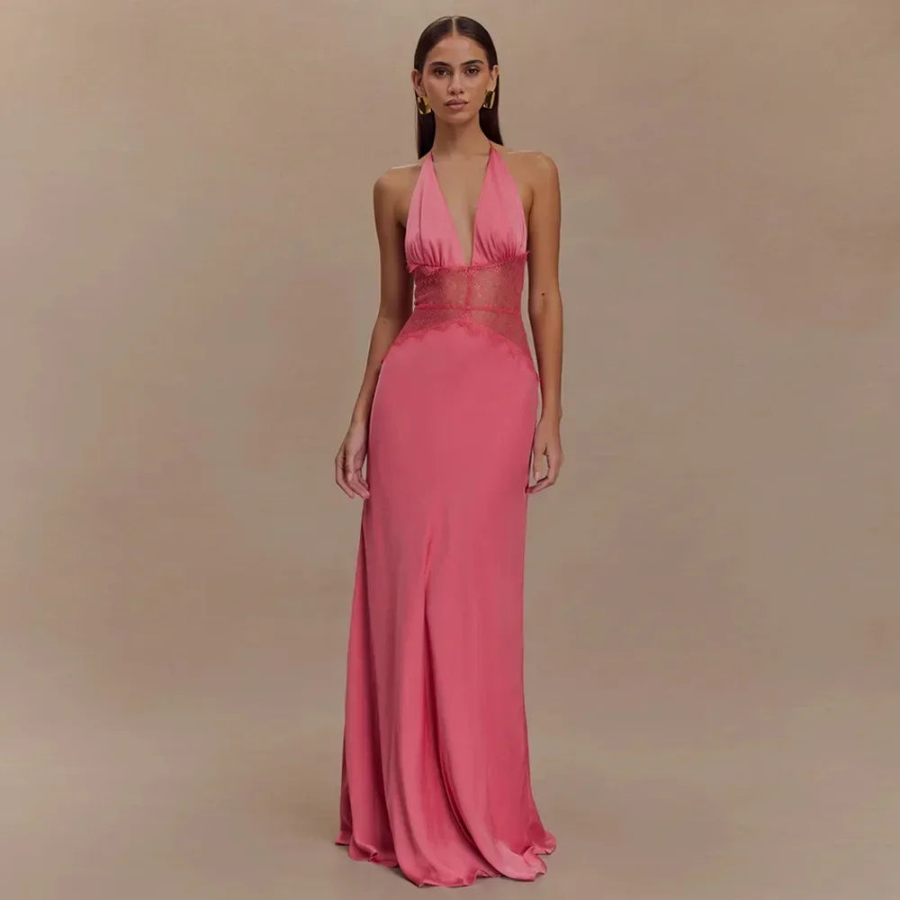 Sexy Deep V-neck Backless Lace Patchwork Satin Dresses for Women 2026 Summer Halter Sleeveless Long Maxi Party Evening Dress