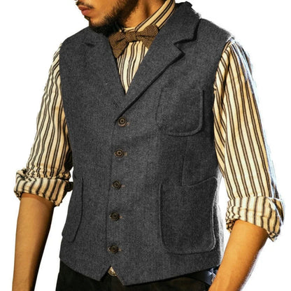 Men Vest Blue Herringbone Single Button With Lapel Pocket Waistcoat For Banquet Business Office Work Casual Daily Men Suit Vest
