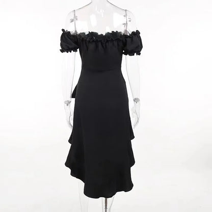 Summer Black A-LINE Dress Women Streetwear Sexy Off Shoulder Short Sleeves Ruffled Mid Length Dresses Club Elegant Partywear