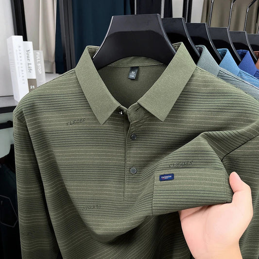 2025 long sleeved men's spring and autumn collar striped pullover top with loose pockets polo shirt