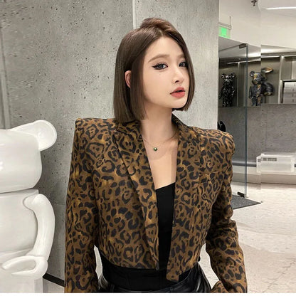 Women Jacket Korean Female Clothes Sexy Fashion Short Suit Coat Long Sleeve Blazer Tunic Leopard Print Cropped Tops Ropa Mujer