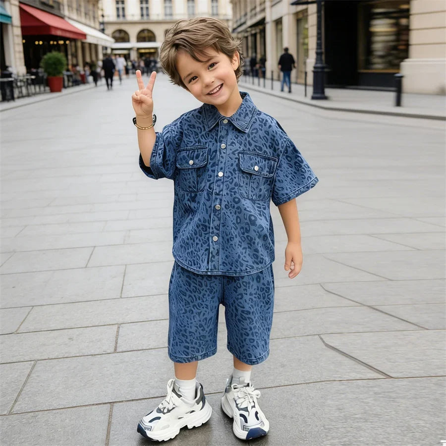 Trend Kids Boy Summer Leopard Denim Suit Two Piece Outfit Set y2k Denim Shirt And Shorts Clothing Set for Baby Child Streetwear