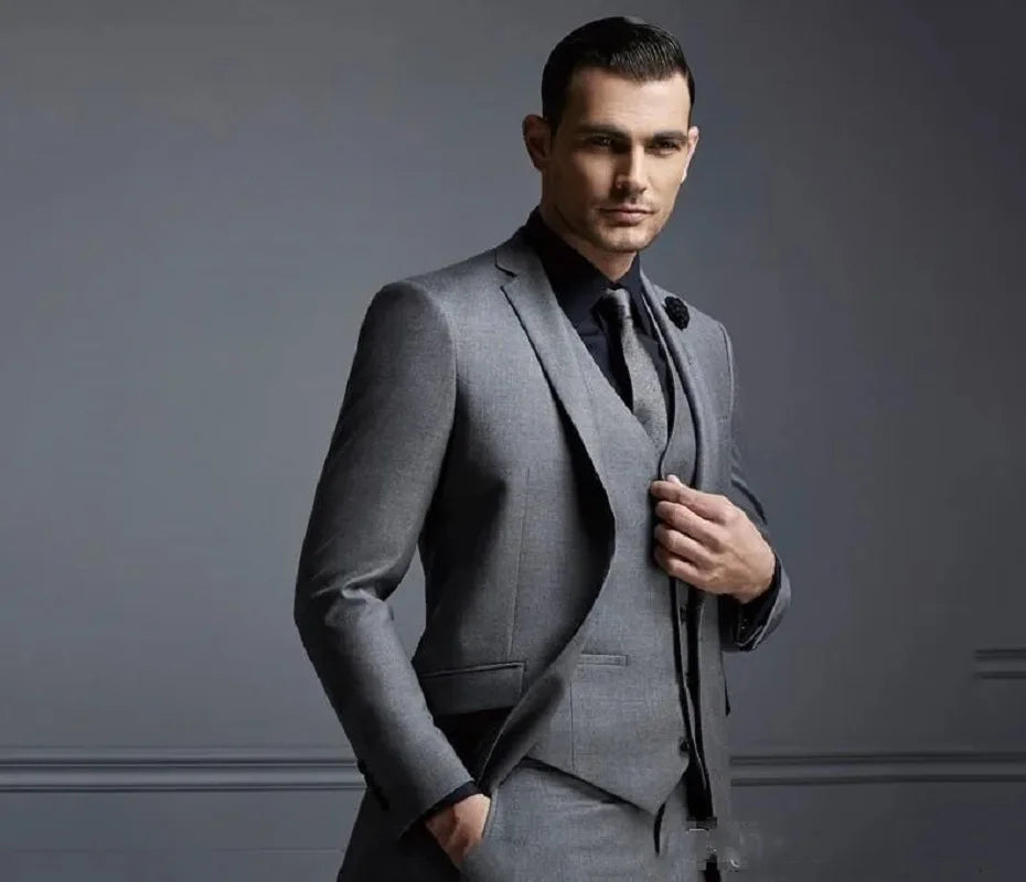 Grey Men Suit Groom Suit Cheap Formal Man Suits For Wedding Best Men Slim Fit Groom Tuxedos For Man(Jacket+Vest+Pants)