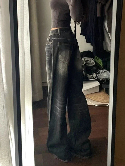 2025 Autumn Winter Women's Black Denim Pants Low Rise Y2K Baggy Jean Japanese Dark Academia Cowboy Harajuku Grunge Stacked Jeans