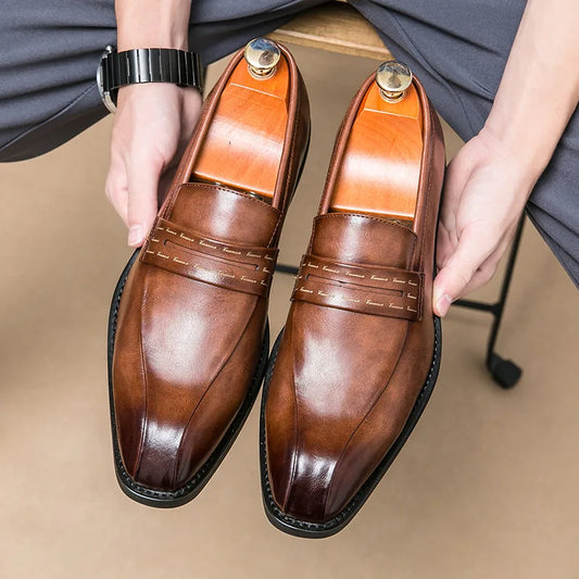 Men's Large Size Thick Bottom Heightening Painted Surface Slip-On Loafers Shoes with Rubber Sole And Ultra Leather Material