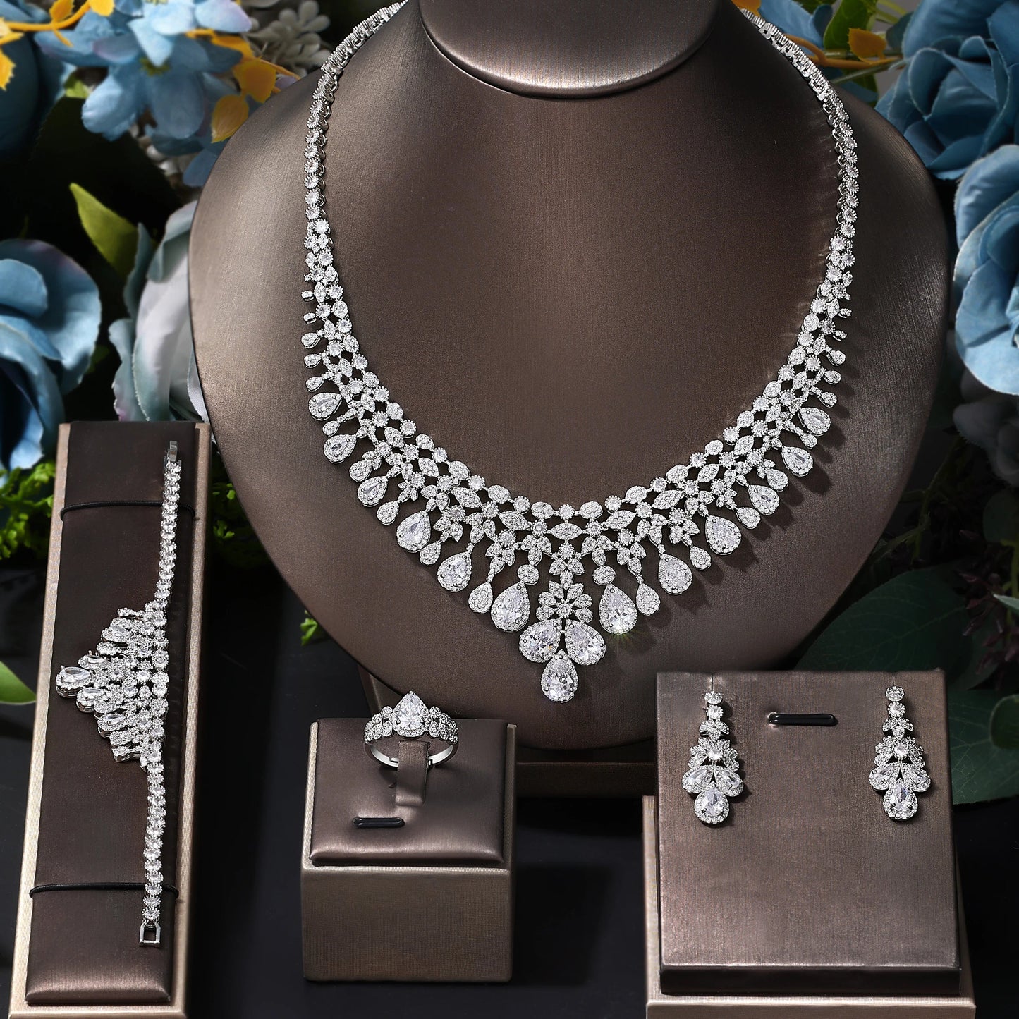 4 pieces of bride zirconia full set of women's party jewelry, luxury Dubai Nigeria CZ luxury crystal wedding necklace set