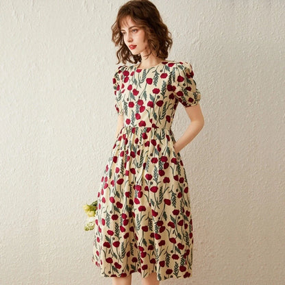 French Floral Print Dress Women 2026 Summer Round Neck Puff Sleeve Fitted Long Dress Casual Streetwear Outfits