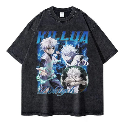 T-shirts Vintage Washed Anime Hunter T Shirt Oversize Manga Killua Zoldyck Gon Hisoka Chrollo Tops Tees Men 100% Cotton