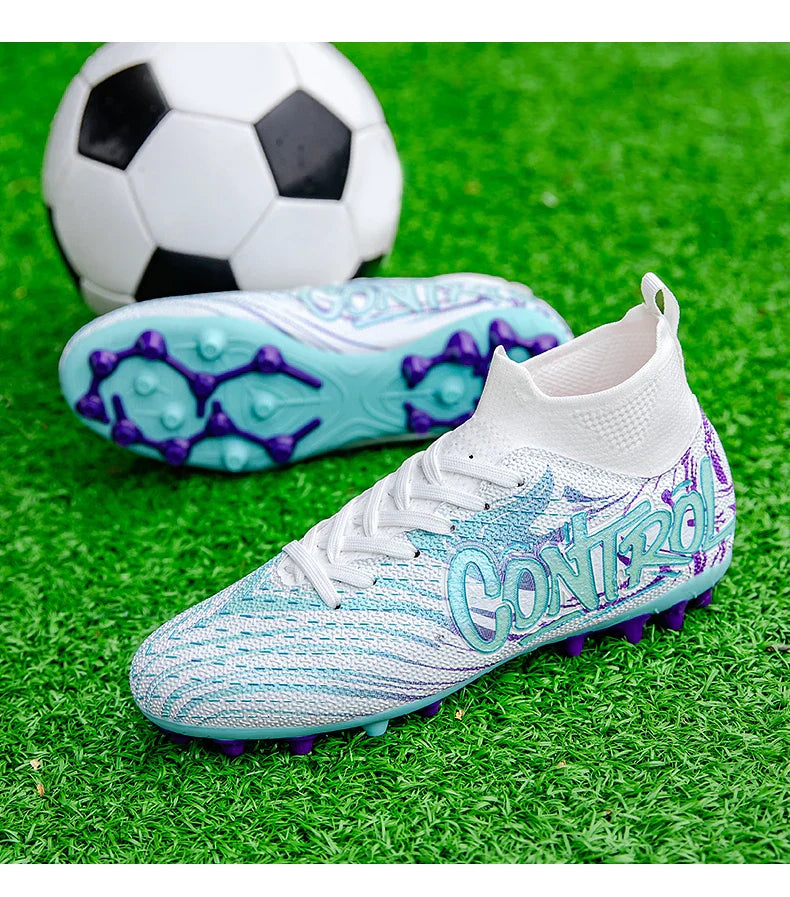 Unisex High-Top Football Shoes AG Long Nails Anti-Slip Leather Black for Teenagers And Adults