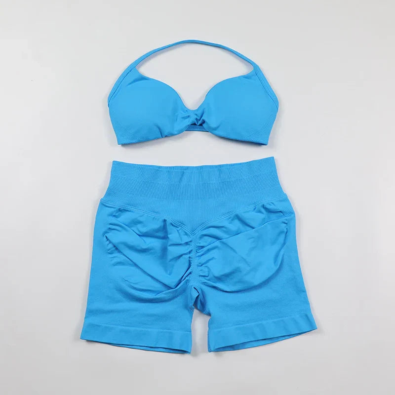 Scrunch Seamless Yoga Set Women Sportswear Ribbed Gym Shorts Strappy Sports Bra 2 Piece Set Halter Workout Clothes Fitness Suit