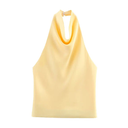 Spring Elegant Women Satin Halter Tops 2026 Summer Backless Off Shoulder Corset Vest Female Fashion Slim Crop Tank Top
