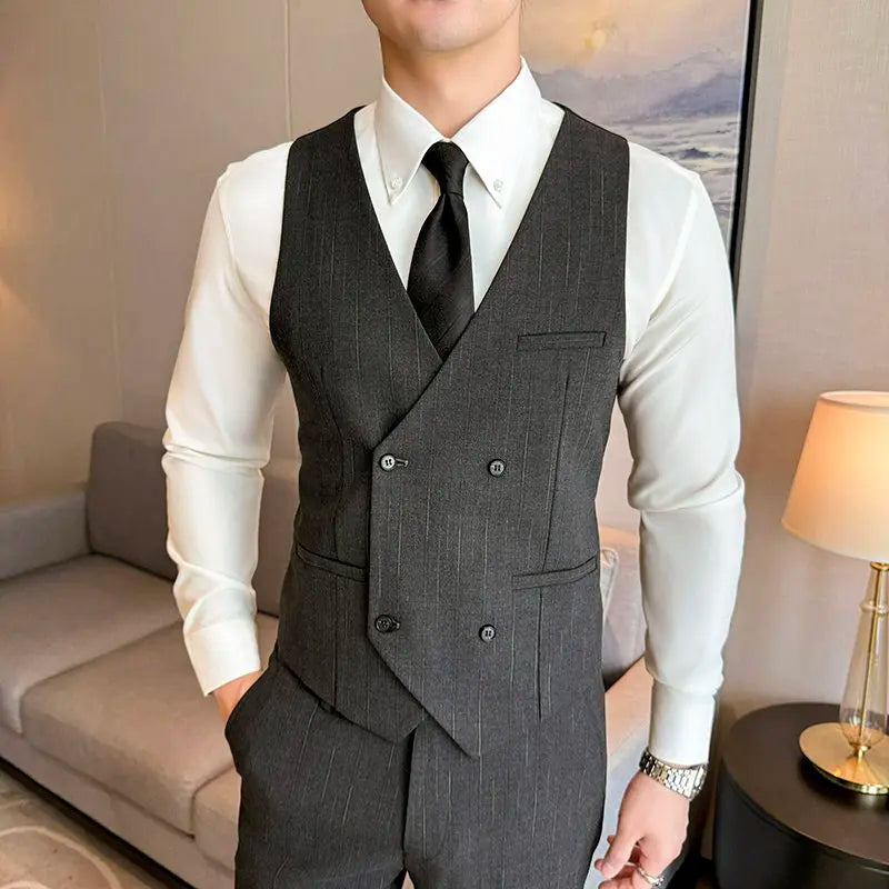 ( Vest + Pants) Men Double Breasted Striped Suit Vest 2 pieces Fashion Business Slim Fit Wedding Dress Sleeveless Vest Sets