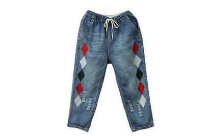 Summer Females Luxury Embroidery Jeans Womens Fashion Vintage Ripped Denim Trousers Loose Holes Elastic Harem Pants