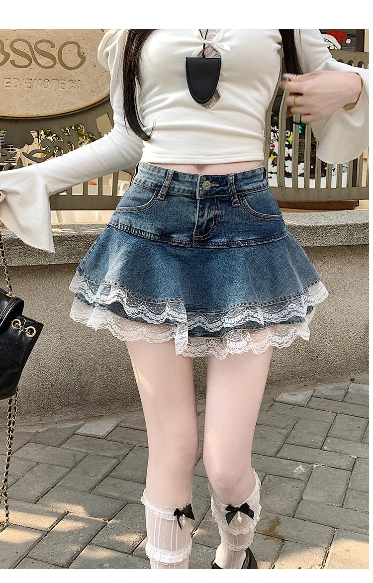 2025 Summer Mini Y2K Denim Skirt Women Fashion Streetwear Ruffles Kawaii Lace Skirts Shorts Preppy School Pleated Jeans Skirt