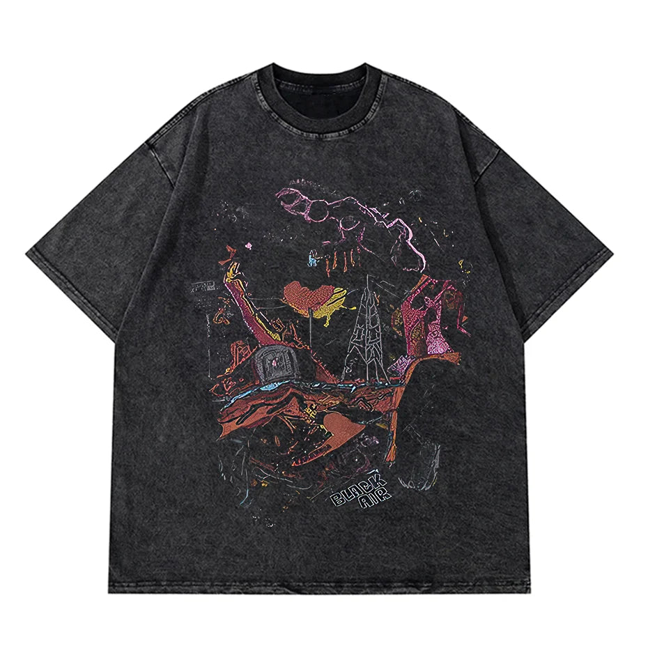 Anime Pain Printed T Shirt Men Retro Washed 100% Cotton Tops Tees Harajuku Tshirt 2023 Streetwear Hip Hop Male T-shirts