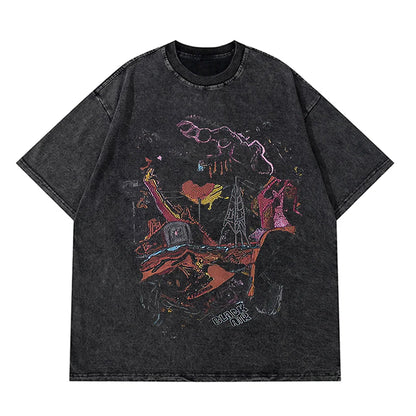 Anime Pain Printed T Shirt Men Retro Washed 100% Cotton Tops Tees Harajuku Tshirt 2023 Streetwear Hip Hop Male T-shirts
