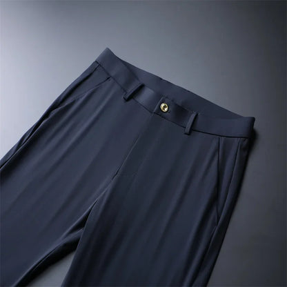 New Summer Men's Ice Silk High Stretch Business Suit Pants Male Army Green Blue Elastic Formal Office Straight Formal Trousers