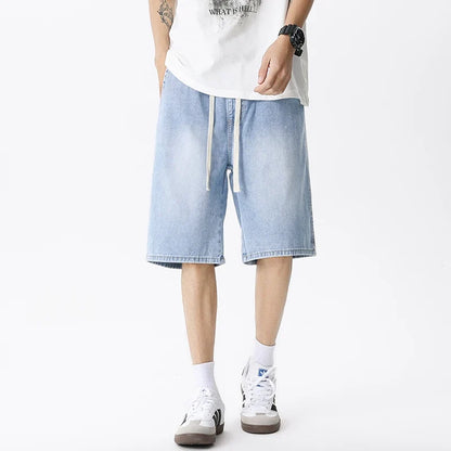 Casual Denim Shorts Men Elastic Waist Straight Comfortable Light Blue Soft Short Pants Baggy Wide Bermuda Male Jeans