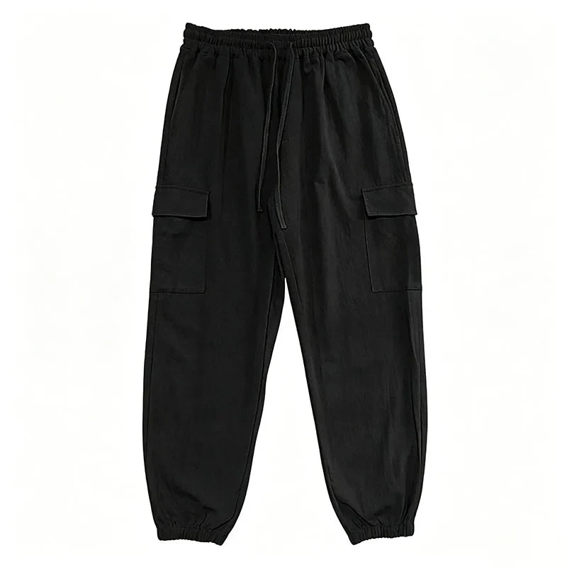 Men's Cotton Linen Blend Cargo Jogger Pants Elastic Waist Drawstring Multi Pockets Casual Breathable Streetwear Trousers for Men