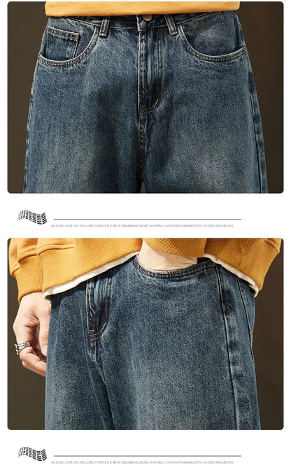 Thick Vintage Jeans Men's Winter Straight Warm Fleece Baggy Thermal Denim Trousers Fashion Korean Wide Male Plush Pants