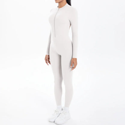 Solid Color Bodysuits for Woman's Backless Long Sleeved Zipper Yoga Jumpsuits High Dtrength Workout Sports Fitness Clothing Set