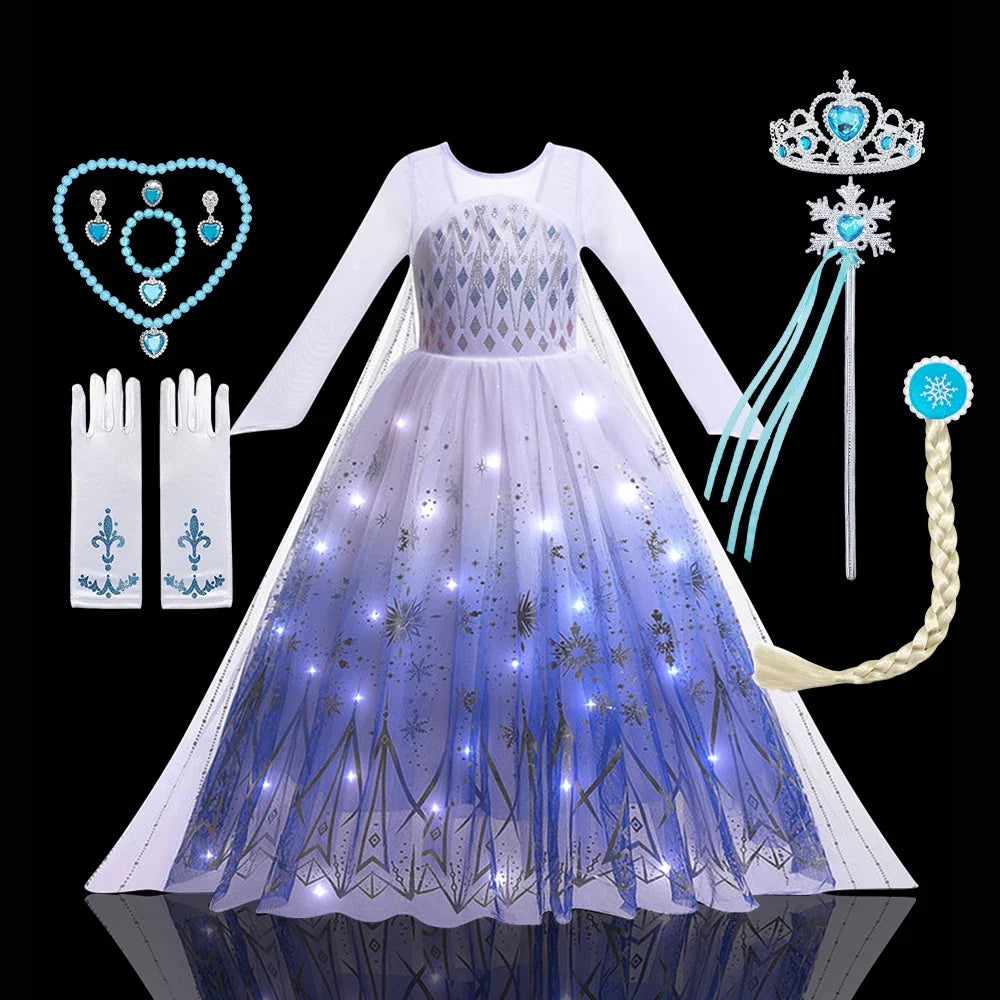 2PCS LED Light Up Snow Queen Costume for Kids Girl Elsa Birthday Party Luxury Princess Cosplay Children Carnival Clothing Outfit