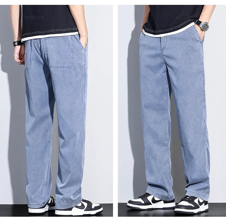 Brand Clothing Summer New Soft Lyocell Fabric Jeans Men Blue Elastic Waist Loose Straight Thin Denim Trousers Male Plus Size 5XL