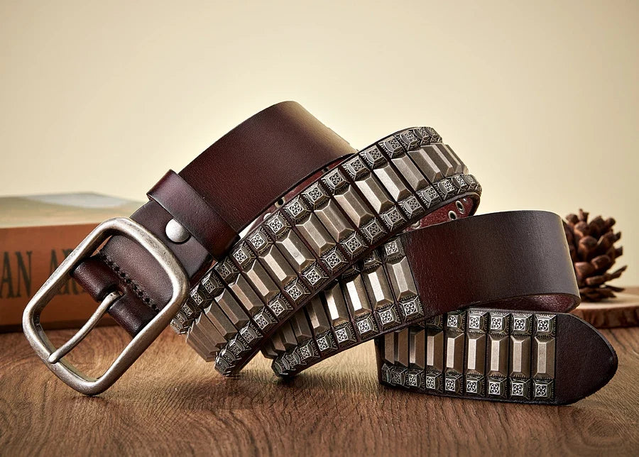 New Cowboy Motorcycle Jeans Heavy Metal Rivet Belts For Men Genuine Leather Belt Punk Rock Male Strap Ceinture Homme