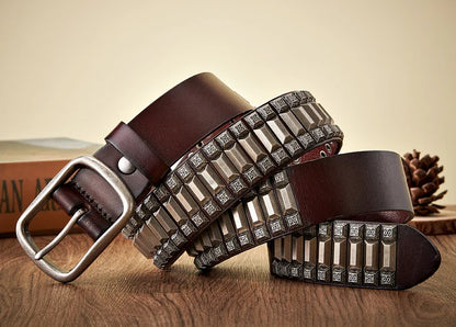 New Cowboy Motorcycle Jeans Heavy Metal Rivet Belts For Men Genuine Leather Belt Punk Rock Male Strap Ceinture Homme
