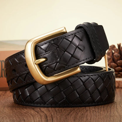 3.8cm Copper Buckle Designer Cowskin Real Genuine Leather Belts For Men Luxury Woven Cowboy Braided Male Strap for Jeans