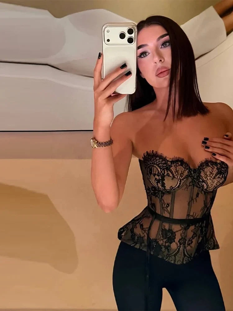 Sexy Women Sheer Lace Corset Top Bodycon Strapless Boned Bustier Sleeveless Back Lace-up Outfit 2026 New Fashion Party Clubwear