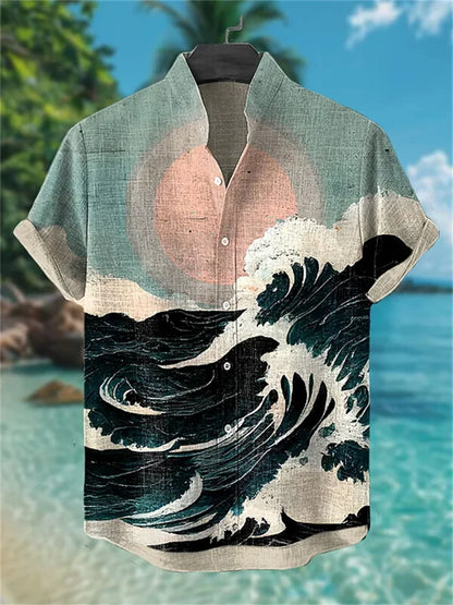 Men's short-sleeved shirt, samurai ink painting print, loose and breathable casual top, trendy retro design Hawaiian shirt.