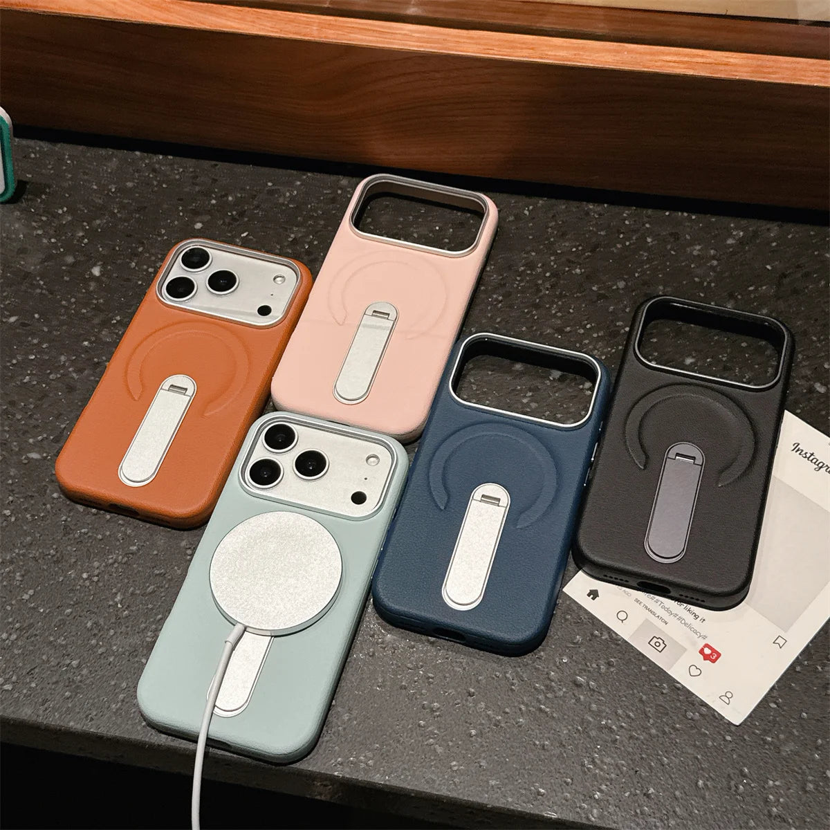 Stand Holder Magnetic Leather Phone Case for IPhone 17 16 15 14 13 Pro Max for Magsafe Wireless Charge Shockproof Cover